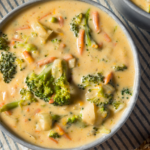 Up close image of a bowl of broccoli cheddar soup